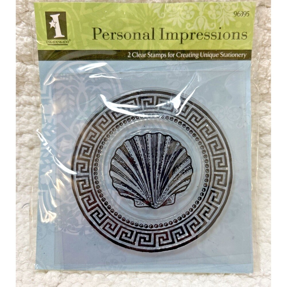 Inkadinkado 2 Clear Stamps Seashell & Greek Key Circle Personal Impressions NWOT